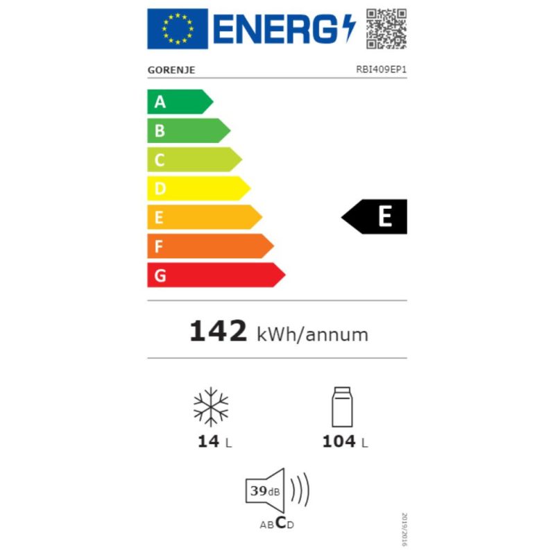   Gorenje RBI409EP1 Beépíthető egyajtós hűtőszekrény fagyasztóval, bútorlap nélkül E Energiaosztály, Hűtő: 104L, Fagyasztó: 14L, Nofrost nélkül, Zajszint: 39 dB, Szél: 54 cm, Mag: 87.5 cm, Mély: 54.5 cm