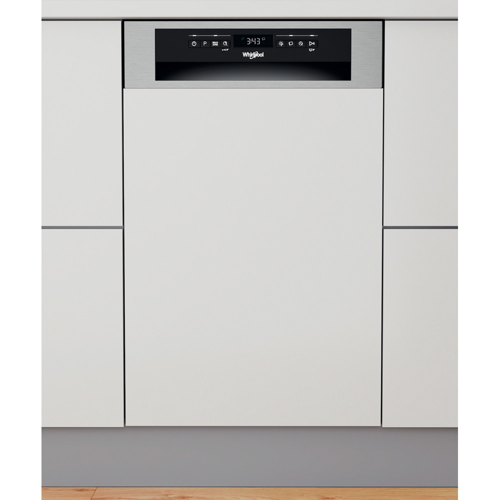 Whirlpool WSBO 3O34 PF X +5 ÉV Garanciával*, Beépíthető mosogatógép, bútorlap nélkül 10 teríték, 9 L fogyasztás, 8 program, 44 dB zajszint, D energia, Felső evőeszköztartó , 45 cm, Digit. kijelző, Automata ajtónyitás nélkül