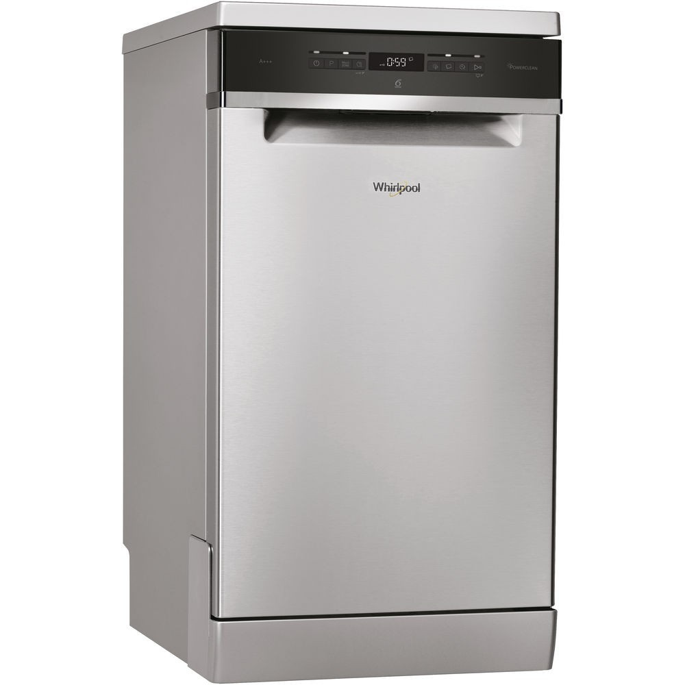 Whirlpool WSFO 3O34 PF X +5 ÉV Garanciával*, Szabadonálló mosogatógép 10 teríték, 9 L fogyasztás, 7 program, 44 dB zajszint, D energia, Felső evőeszköztartó , 45 cm, Digit. kijelző, Automata ajtónyitással